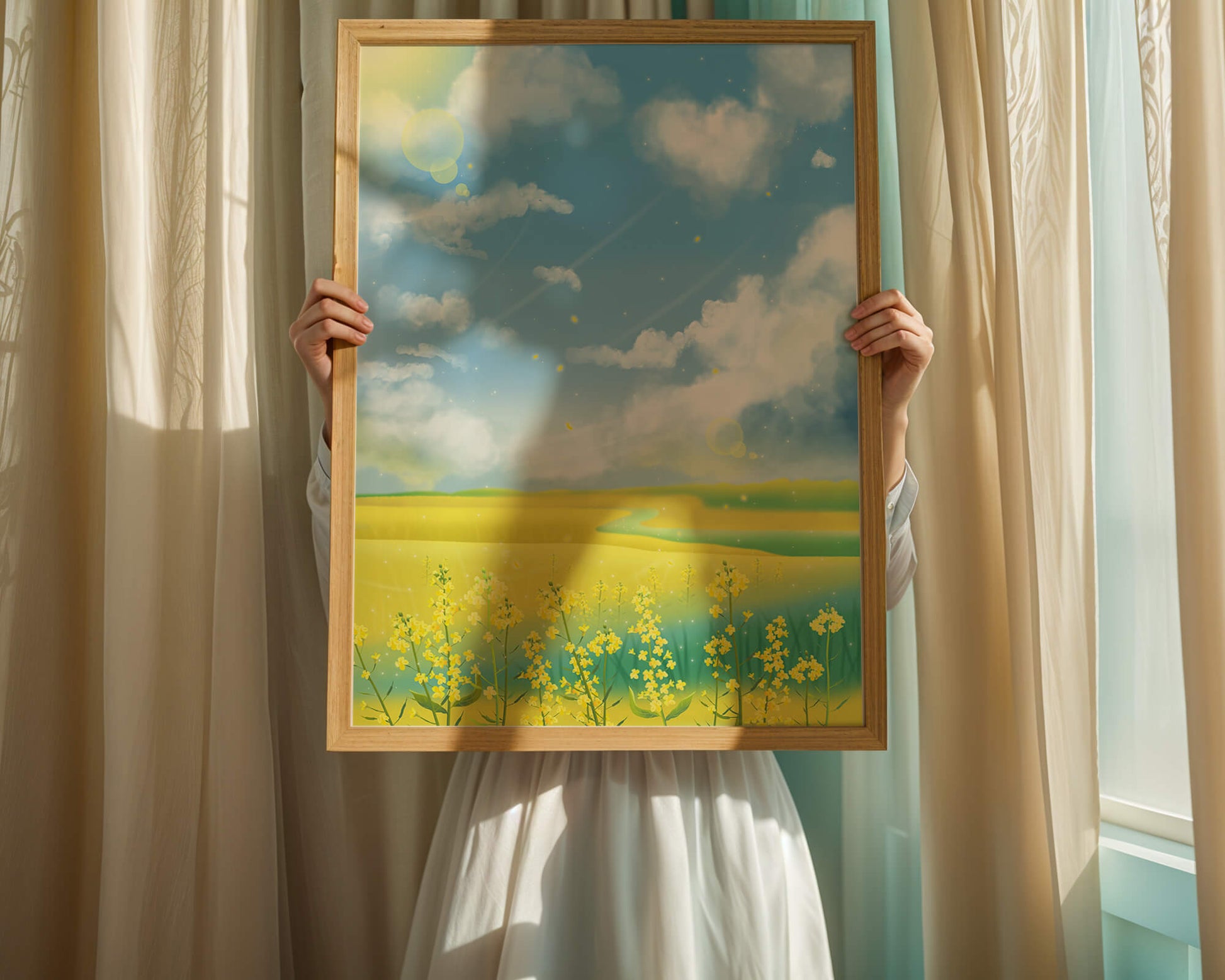 Sunny Meadow with Yellow Flowers and Blue Sky Scenic Art