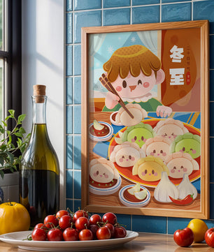 Festive cartoon illustration of a child enjoying dumplings during winter solstice