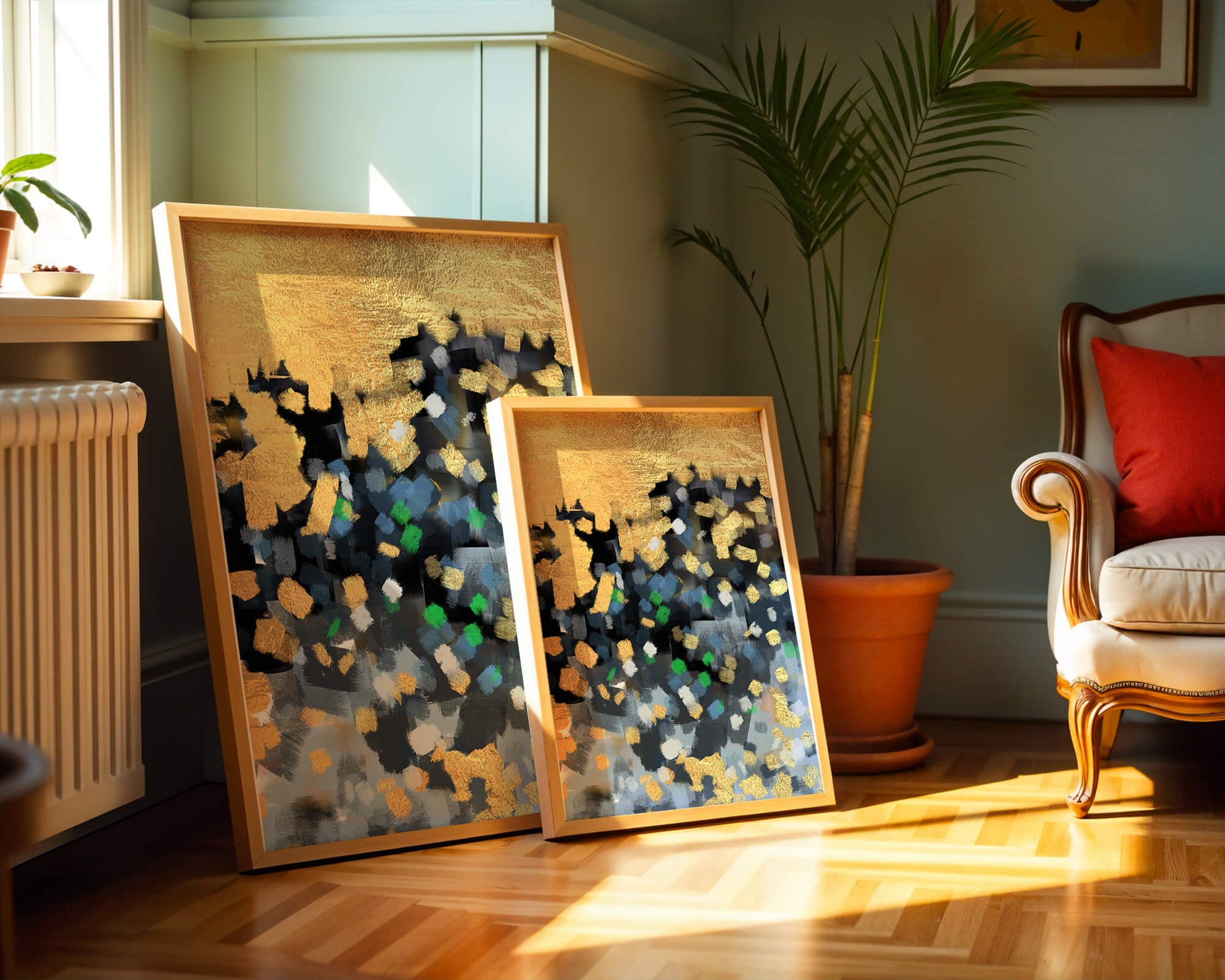 Abstract art with gold and colorful brushstrokes