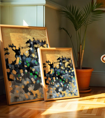 Abstract art with gold and colorful brushstrokes