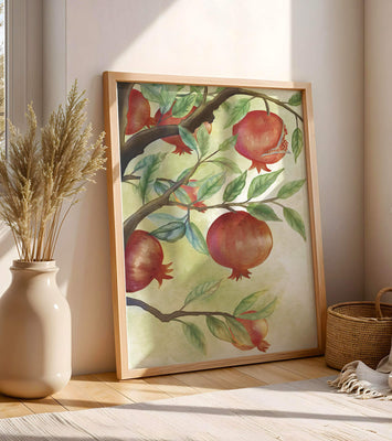 Watercolor illustration of pomegranates on a branch with leaves
