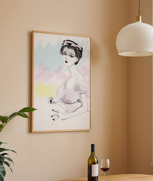 Elegant Woman in Vintage Fashion with Veil Hat and Pastel Background - Mi tienda