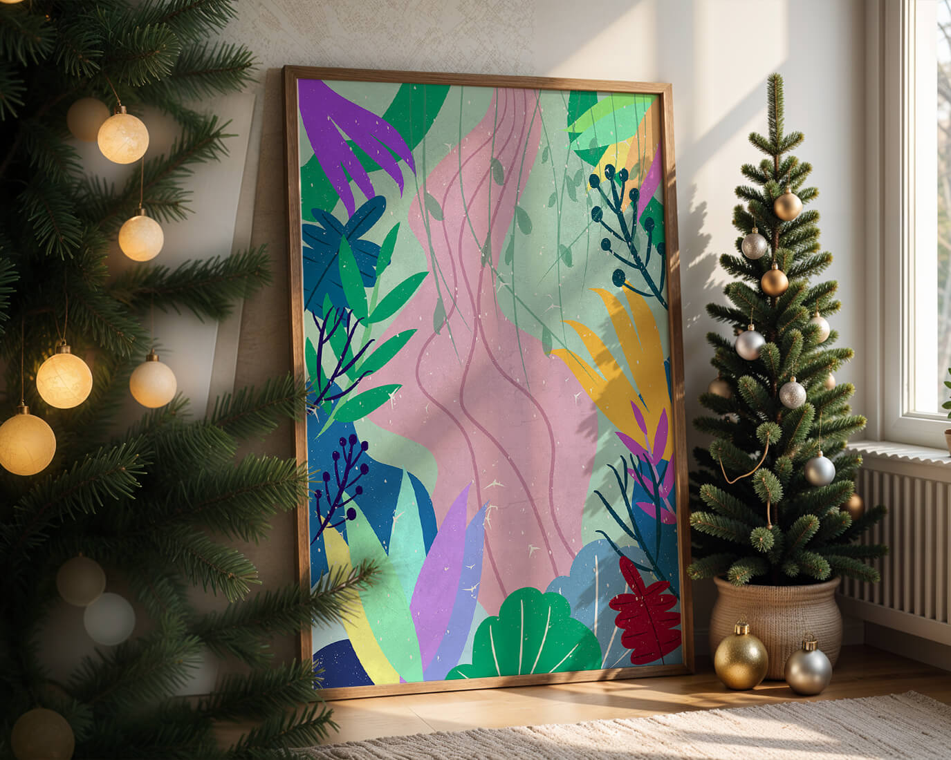 Abstract Botanic Composition with Vibrant Leaves and Shapes