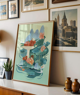 Whimsical illustration with girl, lychee, and lotus flowers