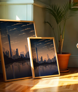 Skyline der Stadt bei Sonnenuntergang mit futuristischem Touch und Wasserspiegelung