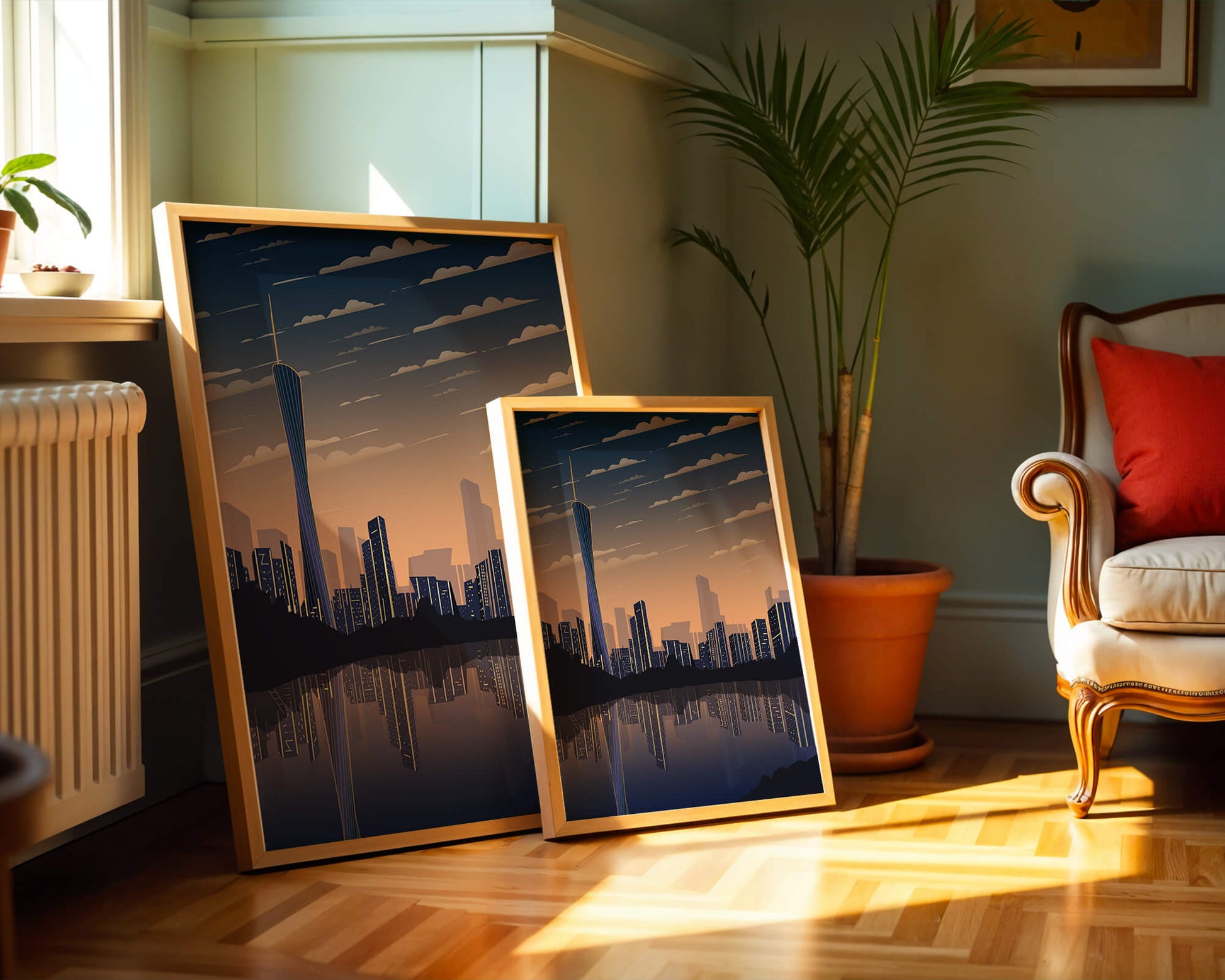 Skyline der Stadt bei Sonnenuntergang mit futuristischem Touch und Wasserspiegelung