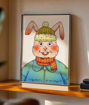 Charmantes Cartoon-Häschen mit Winteroutfit und verspieltem Ausdruck