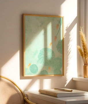 Serene Pond Scene with Goldfish and Lotus Leaves