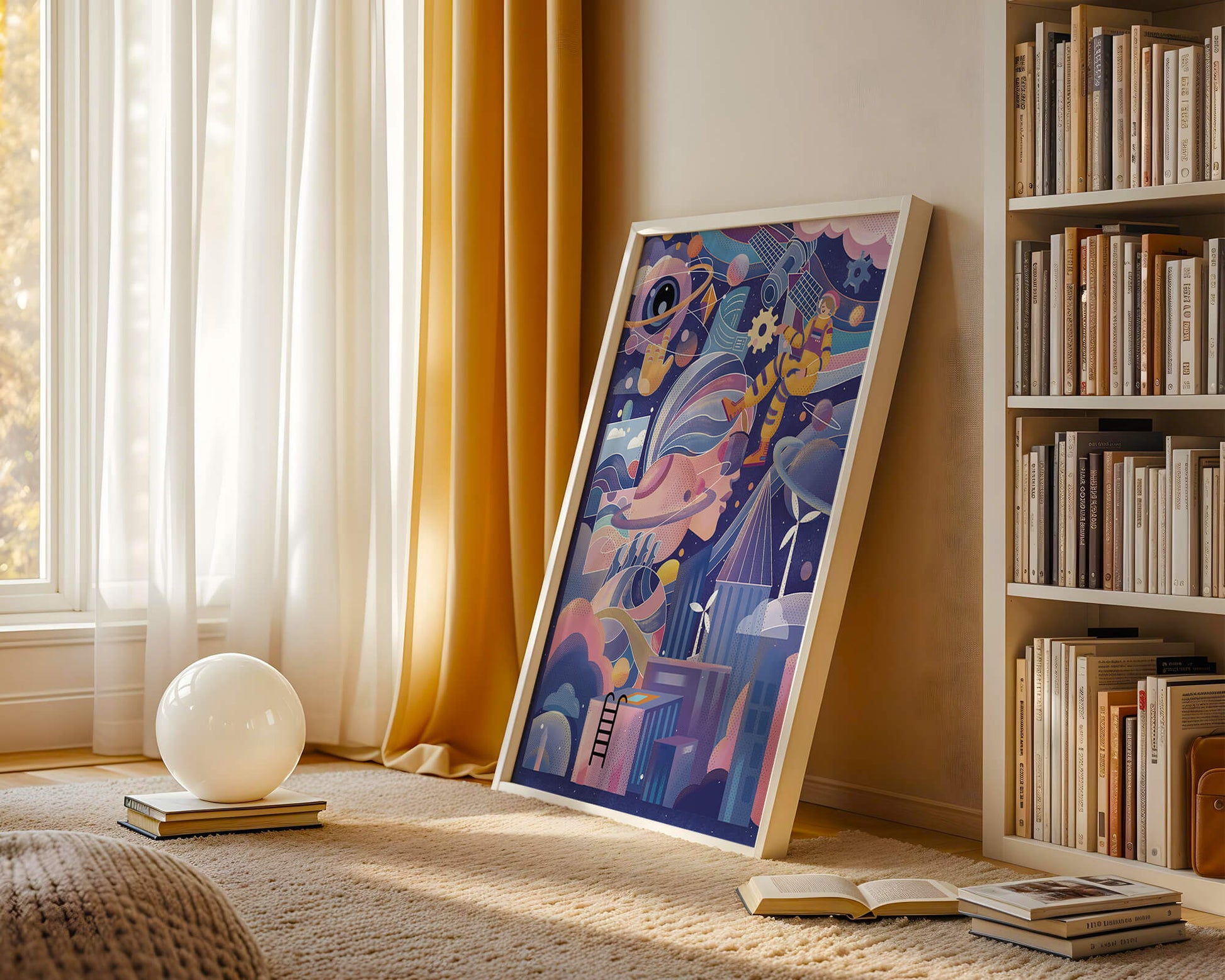 Futuristic space exploration artwork with astronaut and planets