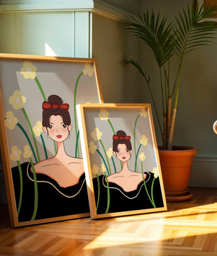 Ilustración de una mujer con fondo floral y lazo rojo