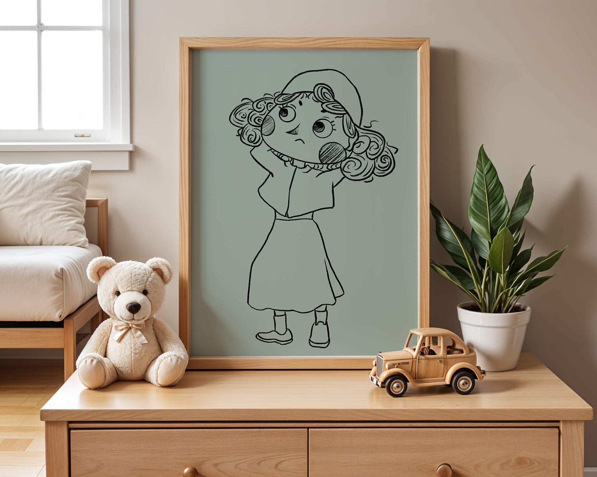 Ilustración a mano de un personaje de dibujos animados pensativo con cabello rizado y gorro