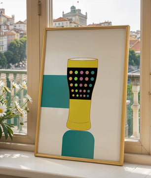 Colorful abstract illustration of a pint glass with dotted pattern