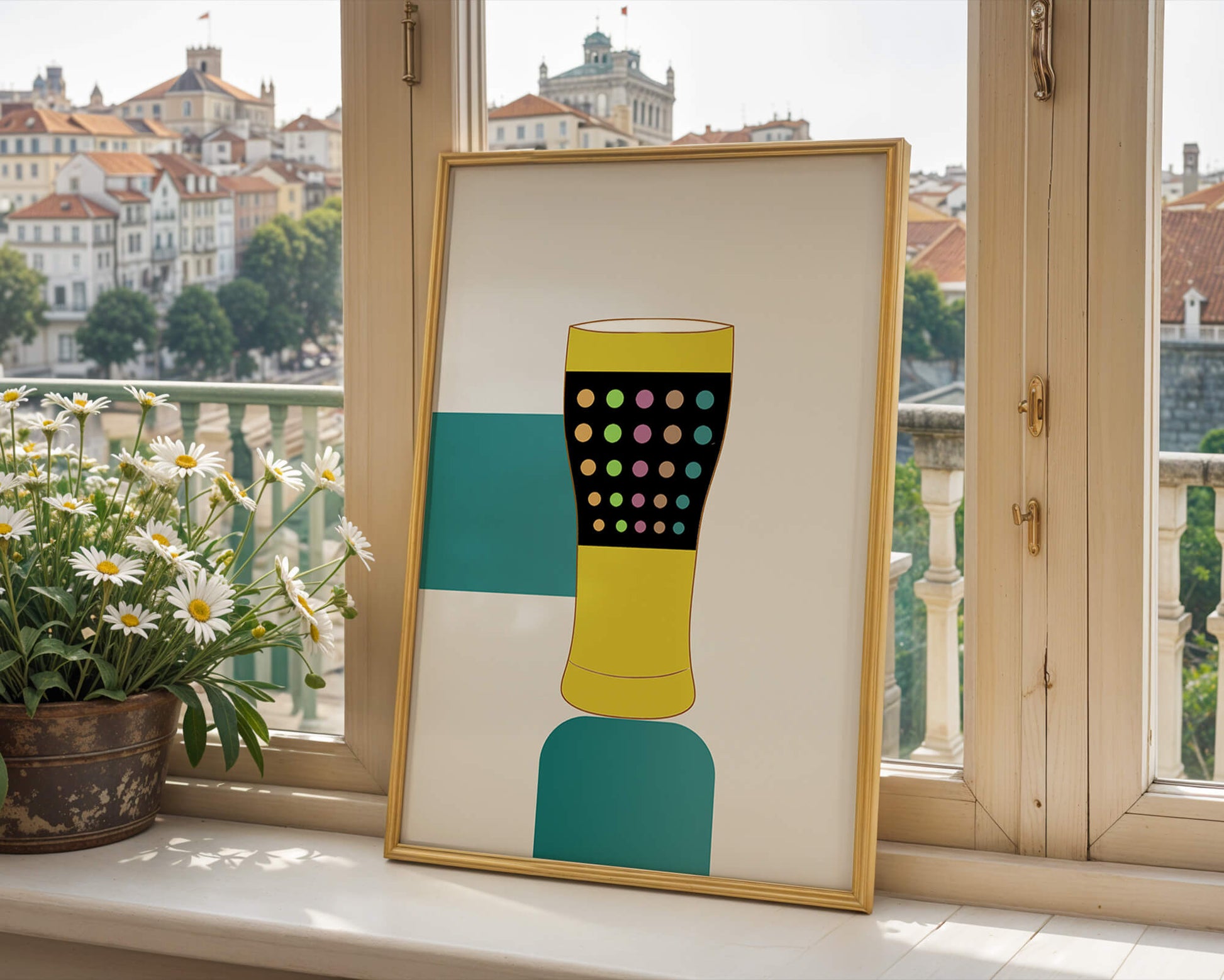 Colorful abstract illustration of a pint glass with dotted pattern