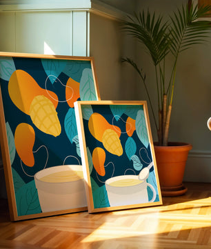 Ilustración colorida de mangos y hojas con una bebida cremosa