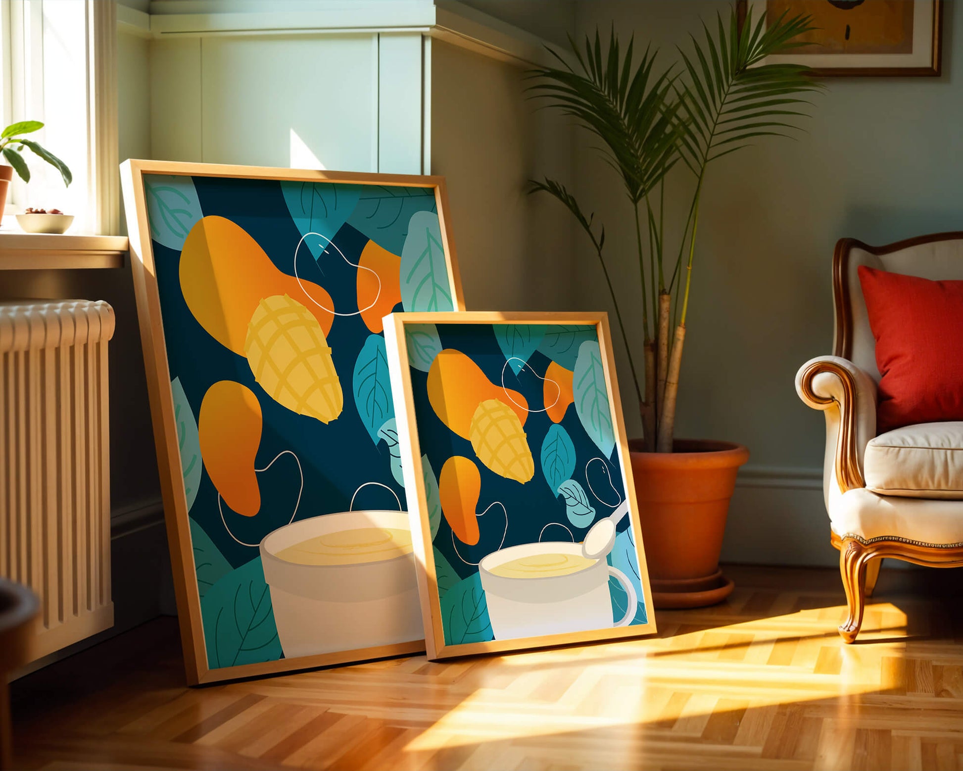 Ilustración colorida de mangos y hojas con una bebida cremosa