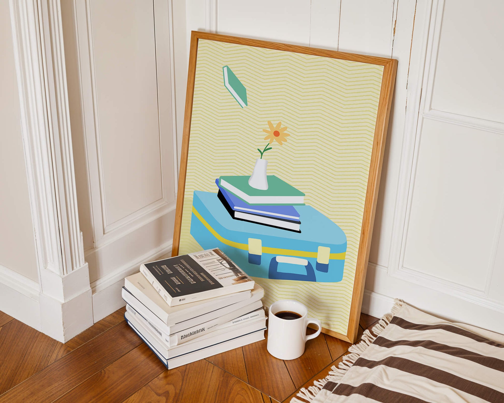 Colorful still life with books, flower vase, and suitcase