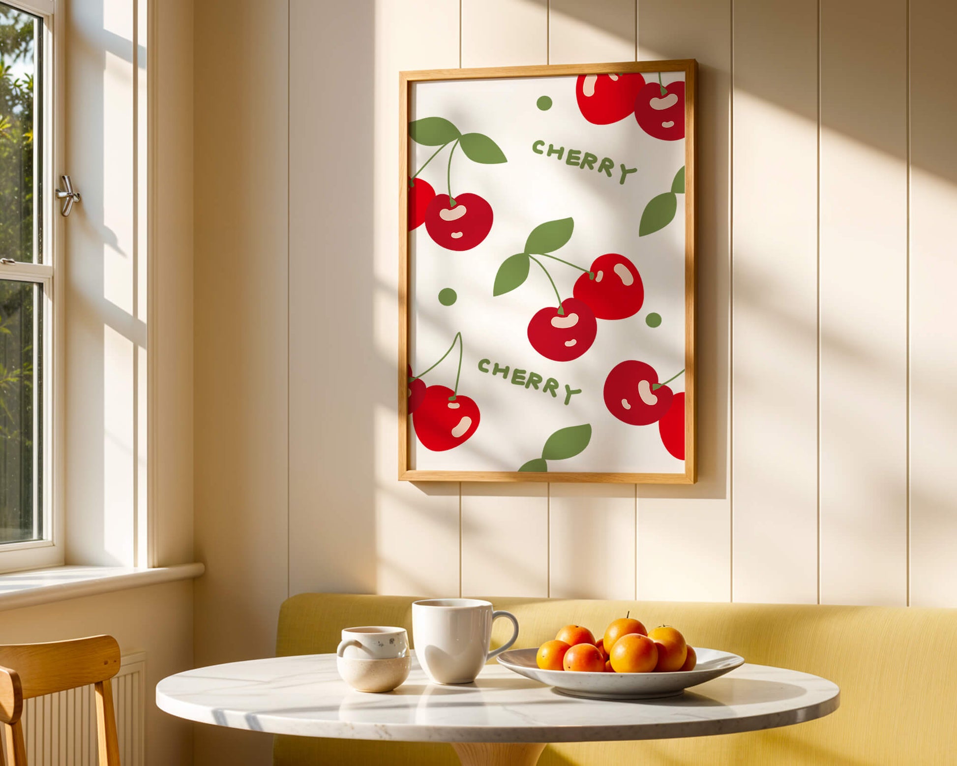 Cherry pattern on black background with green leaves