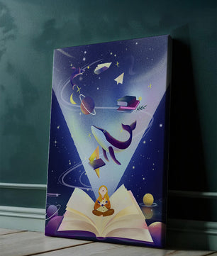 Imaginative galaxy scene with books and a child