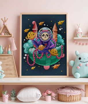 Whimsical space panda illustration with planets and stars