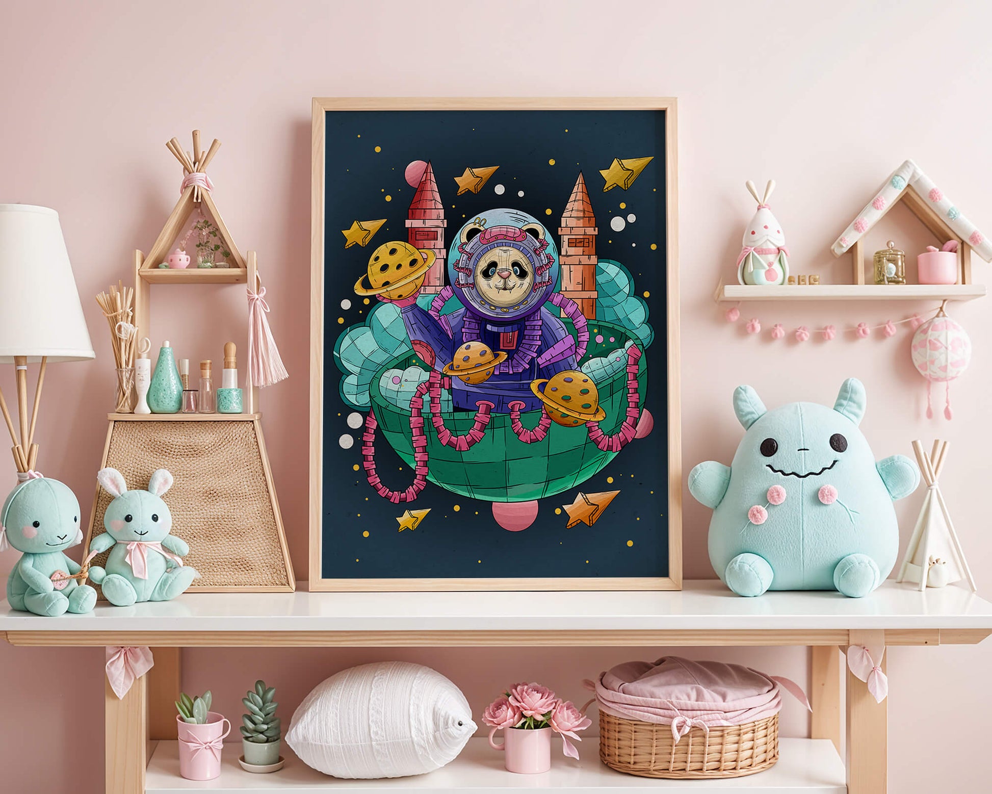 Whimsical space panda illustration with planets and stars