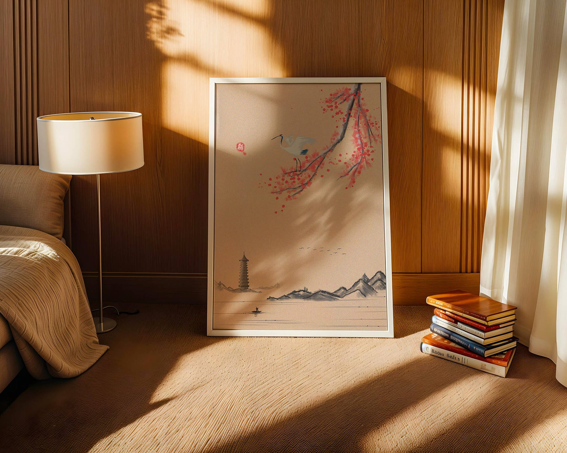 Serene landscape with crane and cherry blossom branch in East Asian style