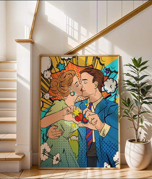 Ilustración de estilo pop art romántico de una pareja besándose con elementos cómicos
