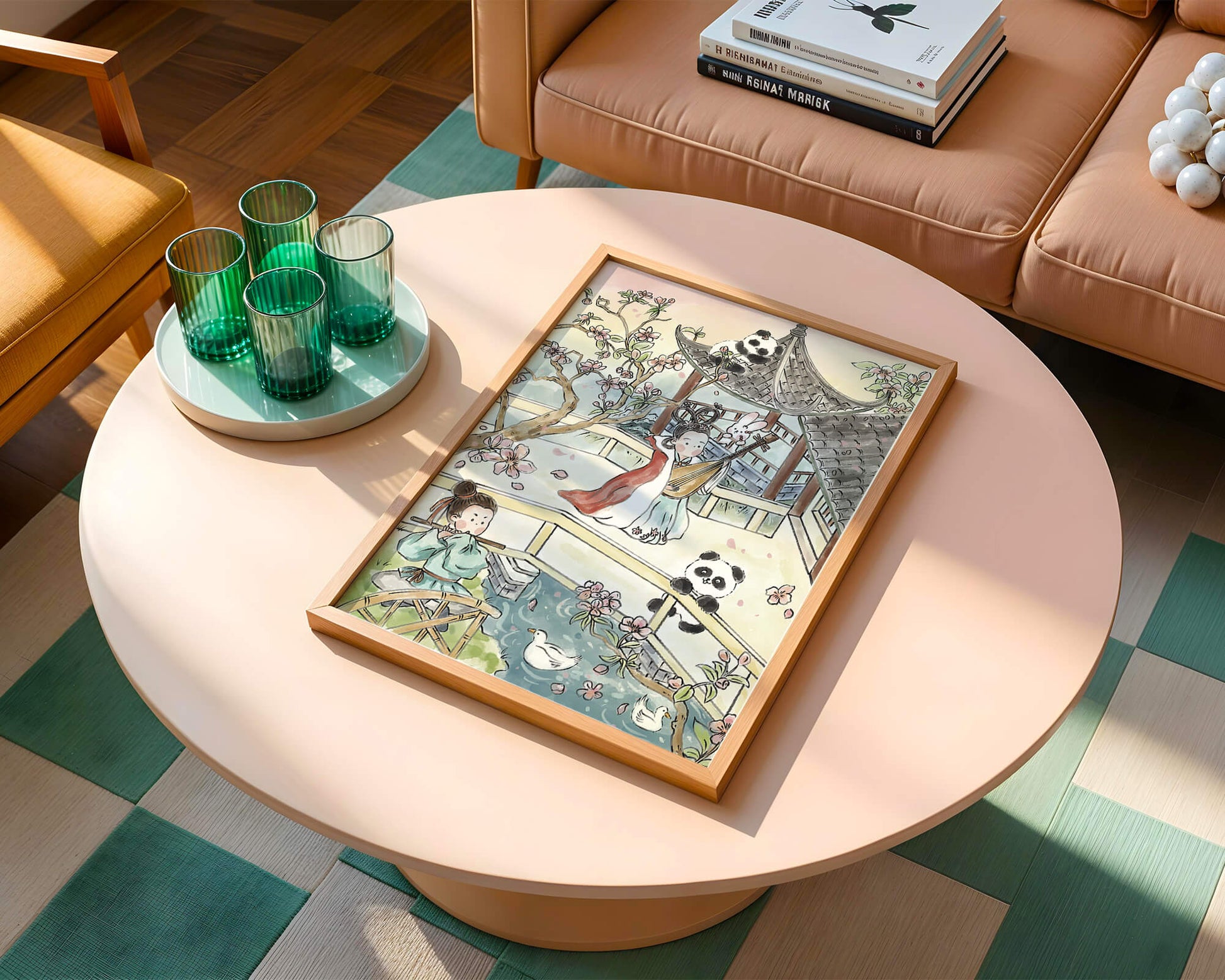 Escena tranquila de jardín asiático con pandas y flores