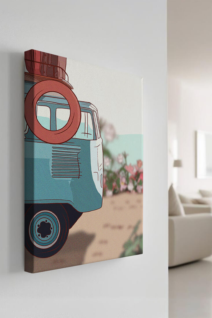 Viaje por carretera de verano en una furgoneta azul vintage