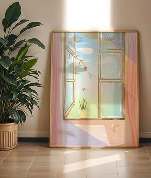 Tranquil open window with floral view and gentle sunlight