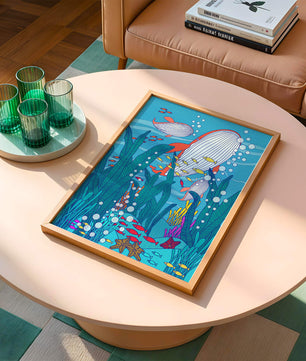 Underwater world illustration with whales and fish amidst seaweed
