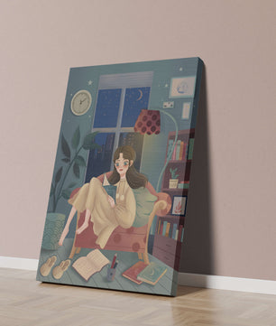 Cozy Nighttime Reading in a Living Room with Moonlit Window