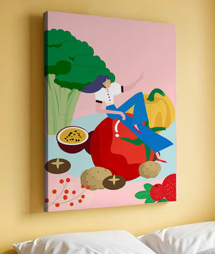 Ilustración de una mujer rodeada de vegetales y frutas vibrantes