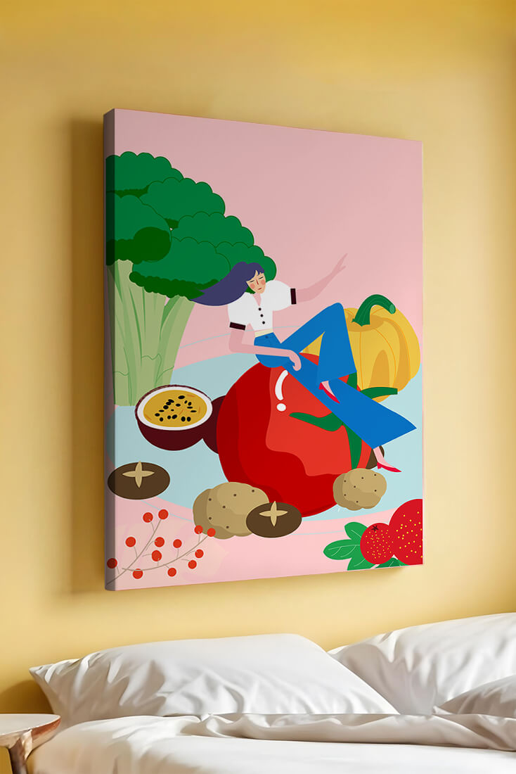 Ilustración de una mujer rodeada de verduras y frutas vibrantes.