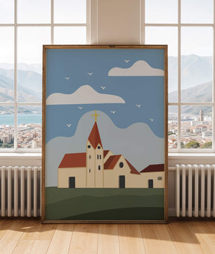 Idyllic Church Landscape with Golden Cross and Blue Sky