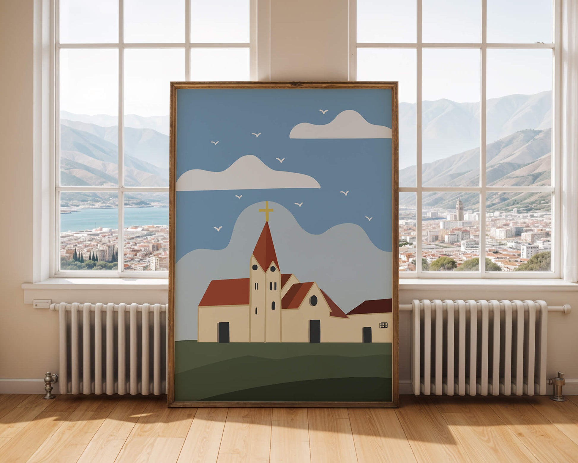 Paisaje idílico de iglesia con cruz dorada y cielo azul