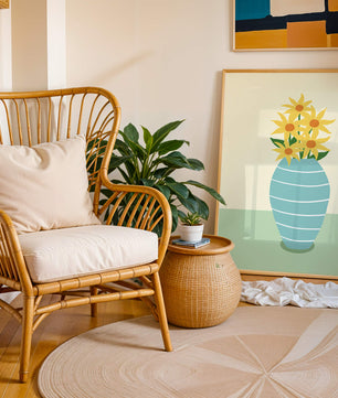 Yellow Sunflowers in a Blue Striped Vase on a Minimalist Background - Mi tienda
