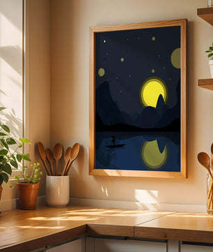 Paisaje nocturno sereno con río iluminado por la luna y bote silueteado