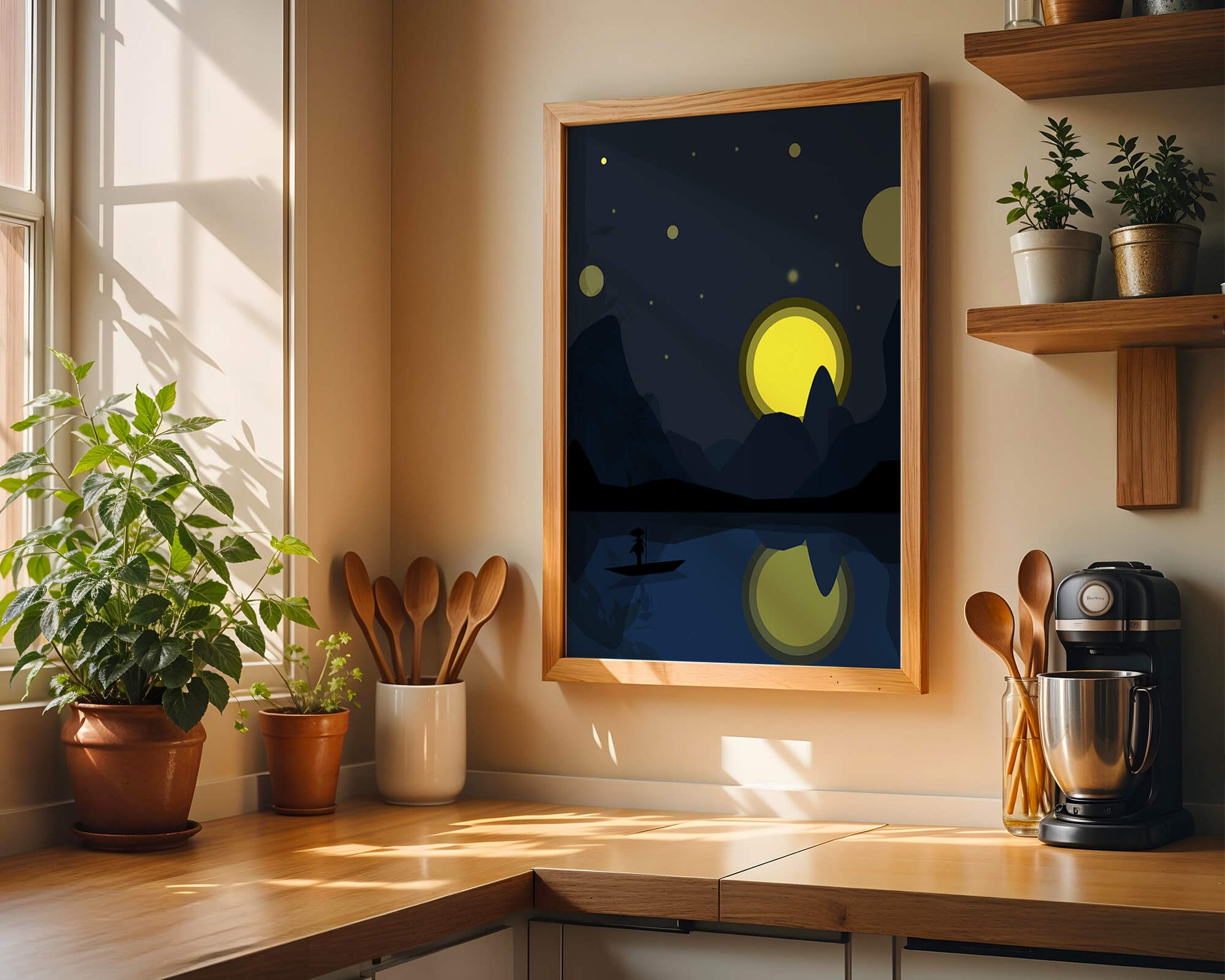 Serene night landscape with moonlit river and silhouetted boat
