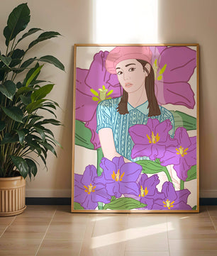 Jeune femme au béret rose avec illustration de fleurs violettes