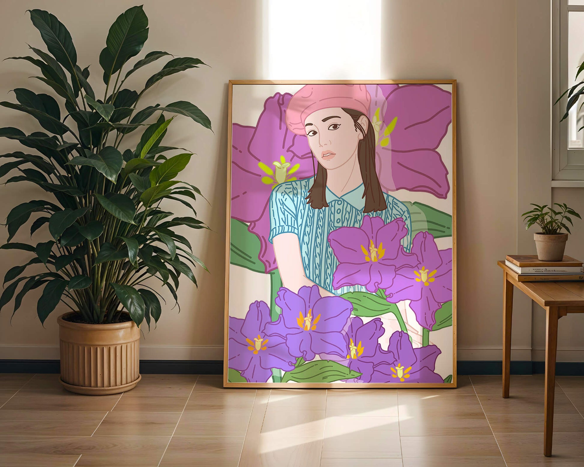 Ilustración de una joven con boina rosa y flores moradas