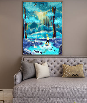 Colorful forest scene with a child and ducks by a stream