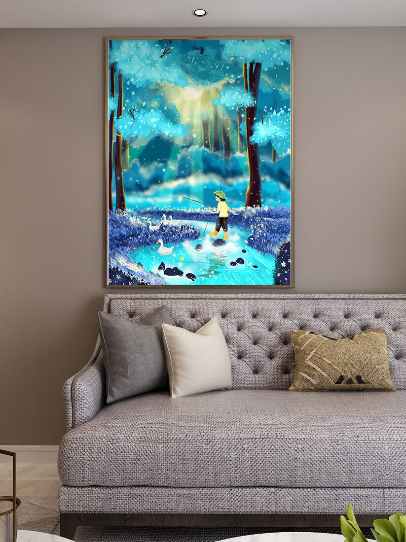 Colorful forest scene with a child and ducks by a stream