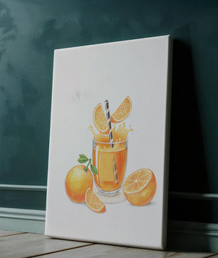 Illustration of a refreshing orange juice with fresh oranges and splash