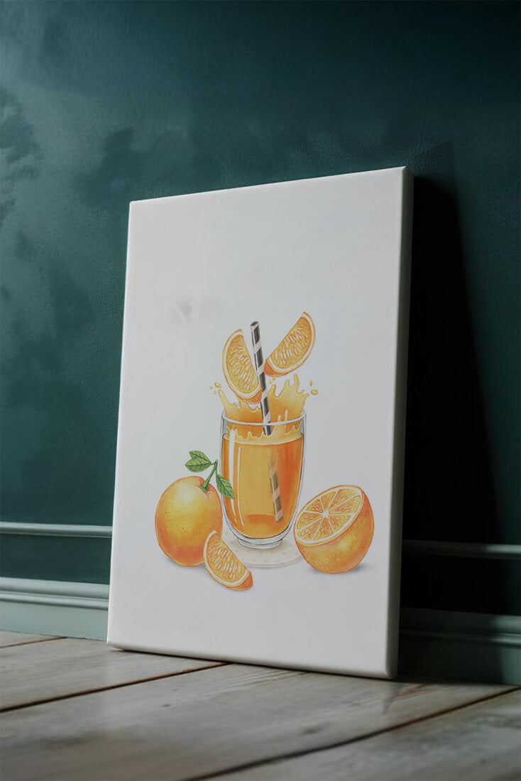 Illustration of a refreshing orange juice with fresh oranges and splash