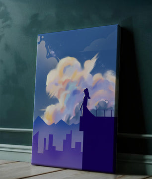 Silhouette of a woman on rooftop against a dreamy sky with colorful clouds