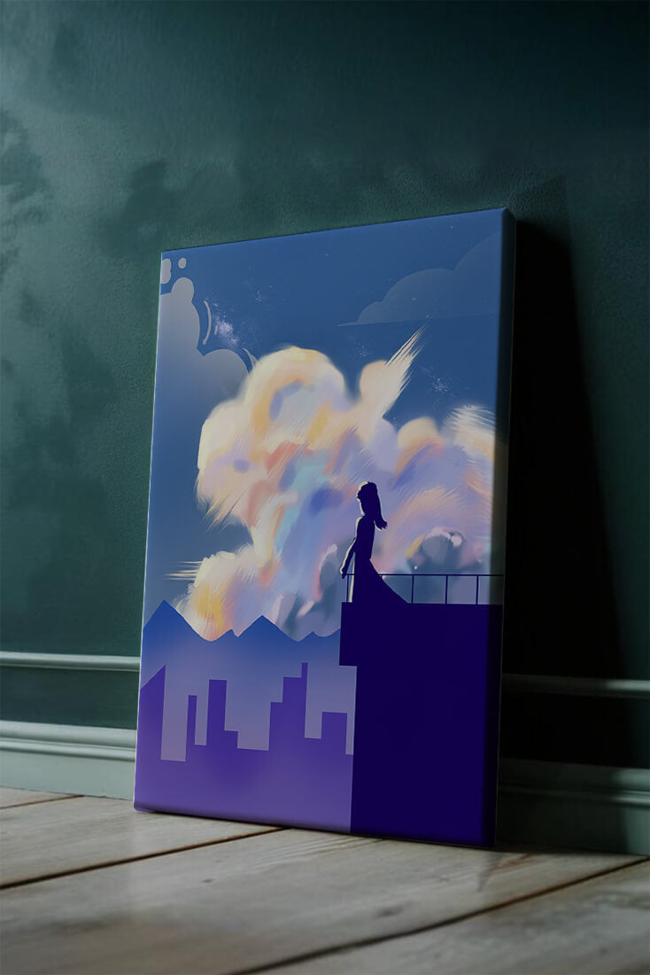 Silhouette of a woman on rooftop against a dreamy sky with colorful clouds
