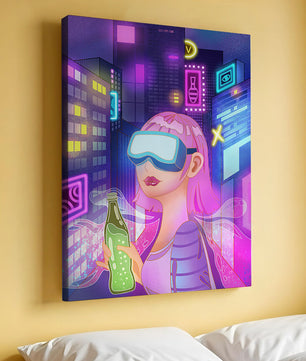 Escena urbana futurista con luces de neón y elementos de realidad virtual