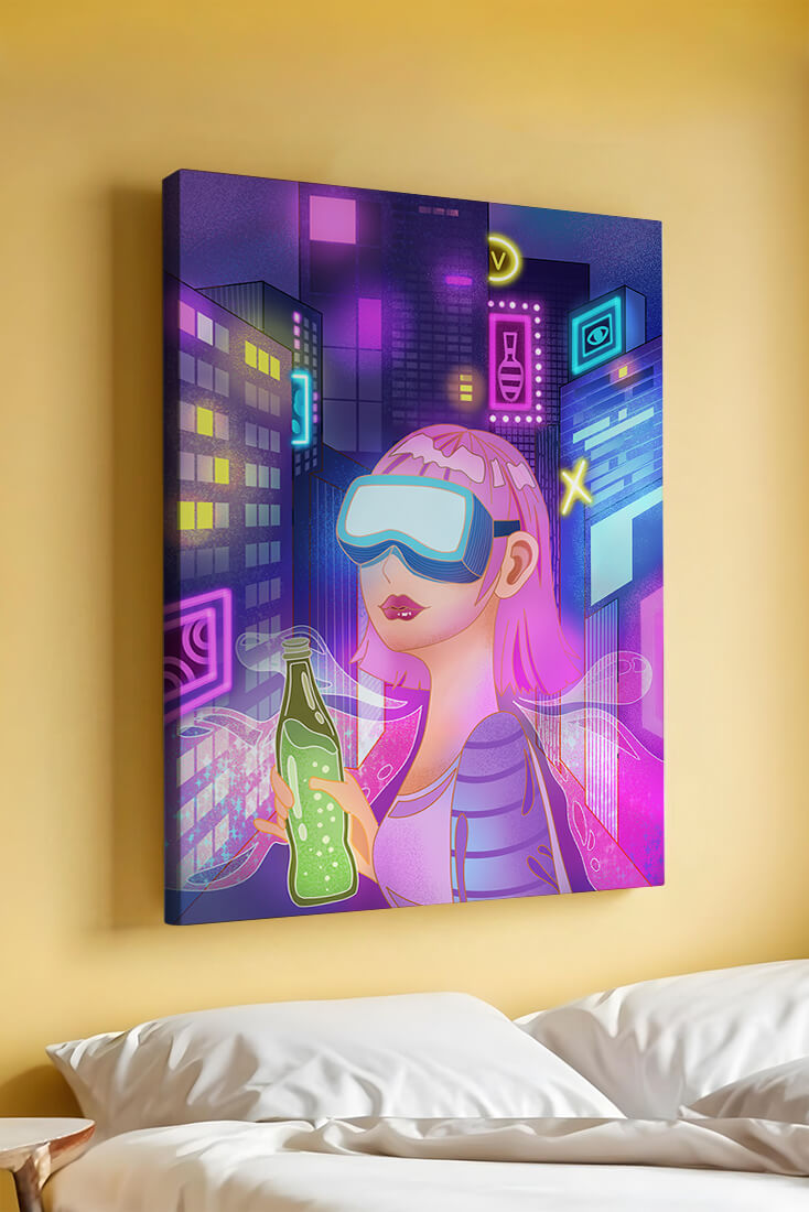 Futuristic urban scene with neon lights and virtual reality elements