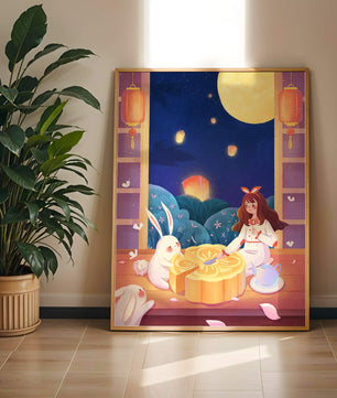 Moonlit Night with Lanterns and Tea Ceremony Featuring Rabbits and Mooncakes