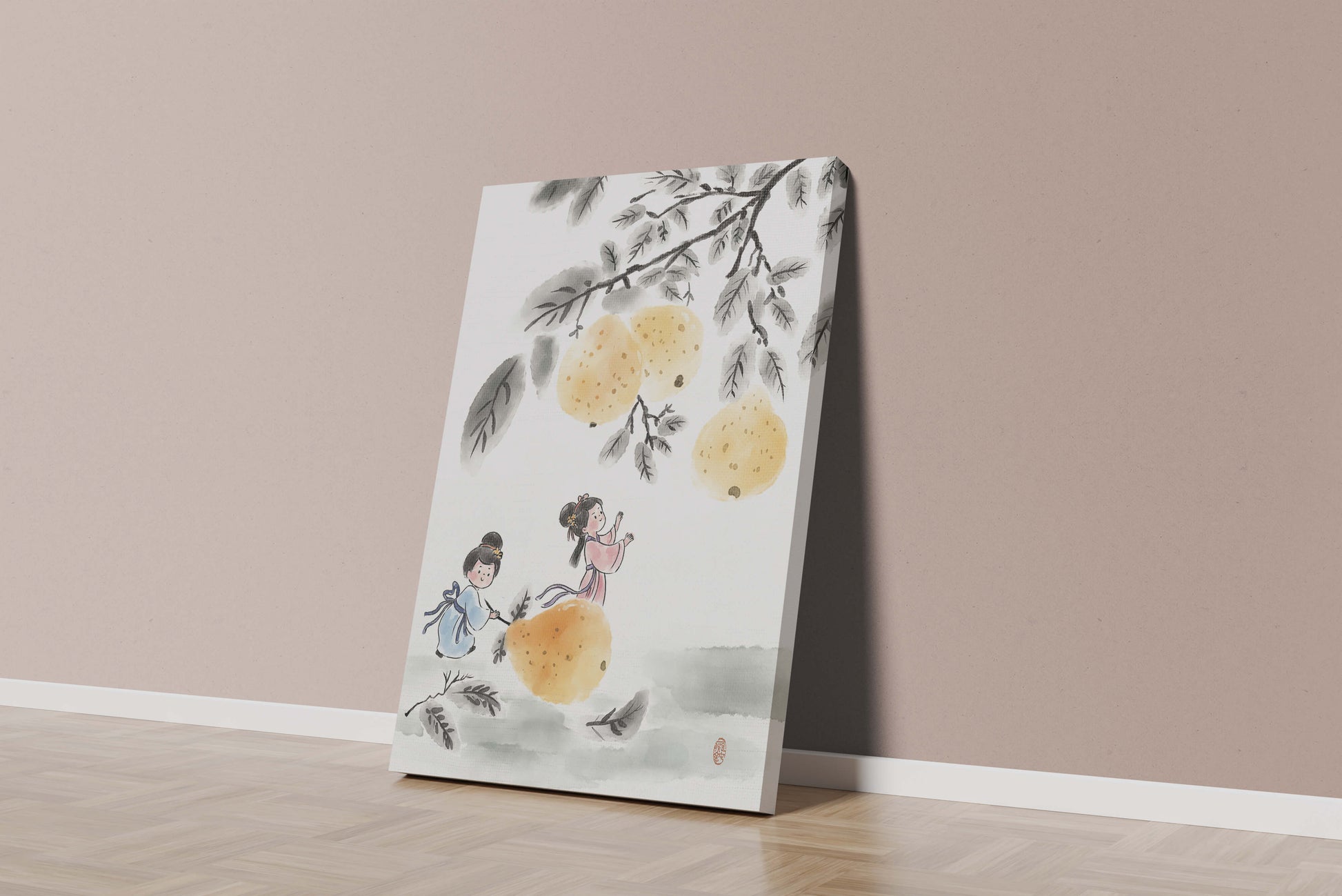 Ilustración encantadora de niños en vestimenta tradicional recolectando peras